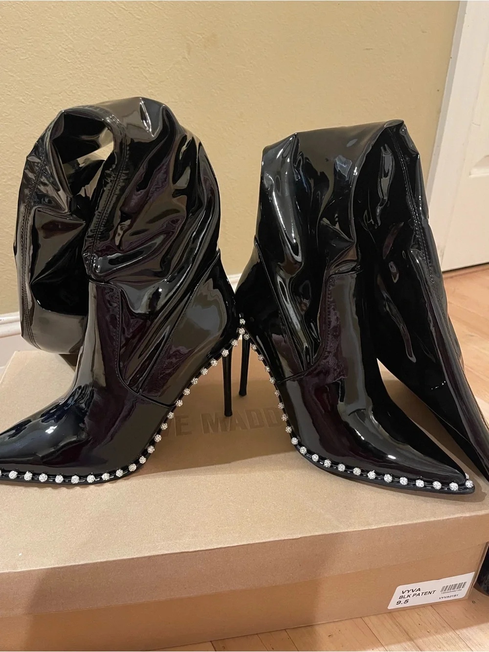 Steve Madden Vyva Black Patent Pearl-Trim Stiletto Thigh-High Boots